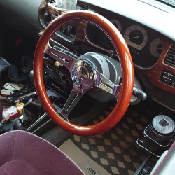(CC-SW) Kyostar Grant Classic Nostalgia Style Wood Grain Steering Wheel Spoke Horn Button, 14”/ 350mm (Silver) [KD8237SR]